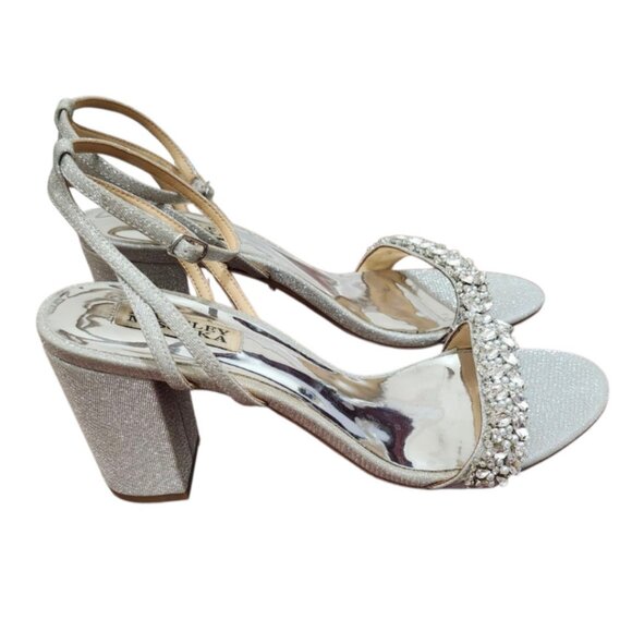 Badgley Mischka Nadine Jewel Block Heel Womens Silver Rhinestone Bridal Shoes - Picture 2 of 11